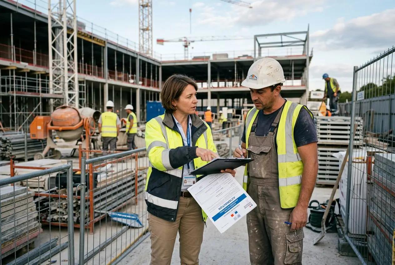 Deux professionnels sur un chantier discutant devant des plans, avec fiche et documents à la main, sous des structures en construction et des équipements de sécurité. licenciement économique élu cse intégré.
