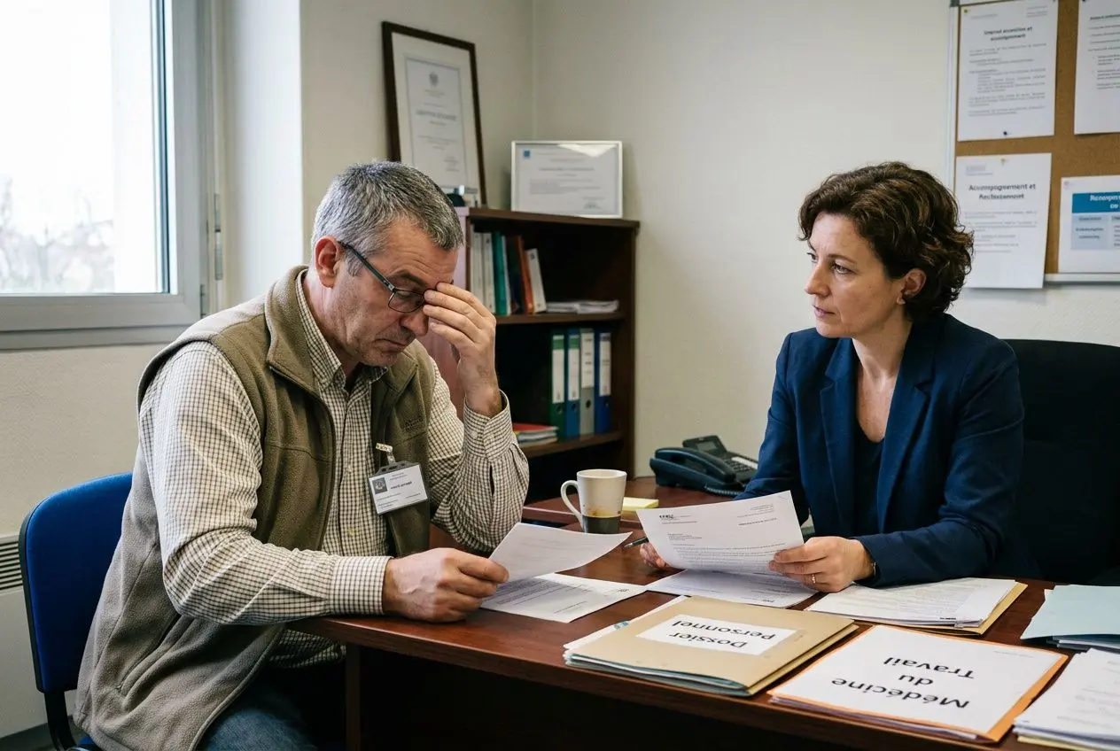 Deux professionnels réunis autour d’un bureau, examinant des documents. L’homme semble préoccupé, la femme consulte des papiers et discute en milieu professionnel. contexte: consultation cse inaptitude code du travail.