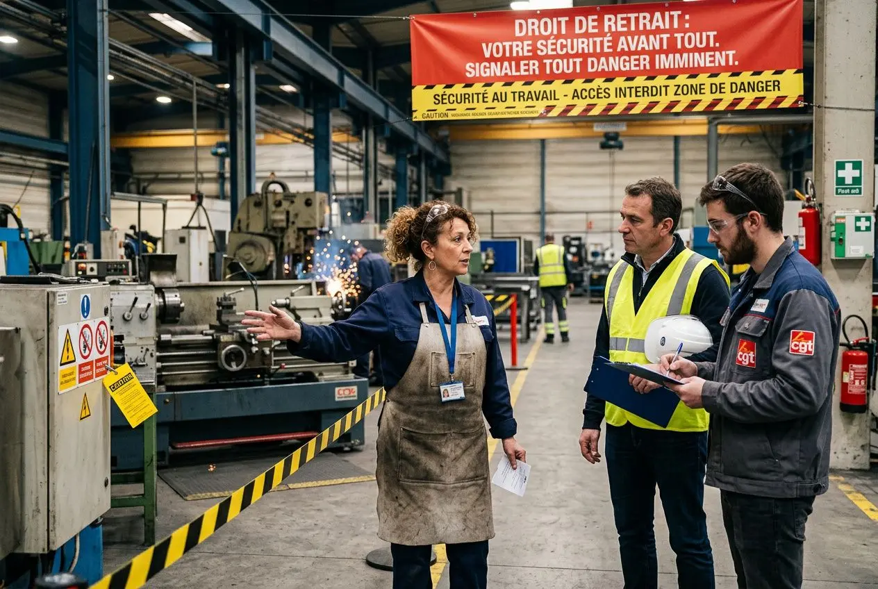 Droit de retrait psychologique : une employée parle à deux collègues dans une usine, affiches de sécurité et matériel industriel autour.