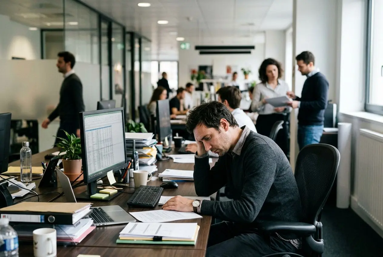 Employé au bureau, visage préoccupé, main sur le front devant son ordinateur, entouré de dossiers et collègues. Mot-clé intégré: droit de retrait psychologique.