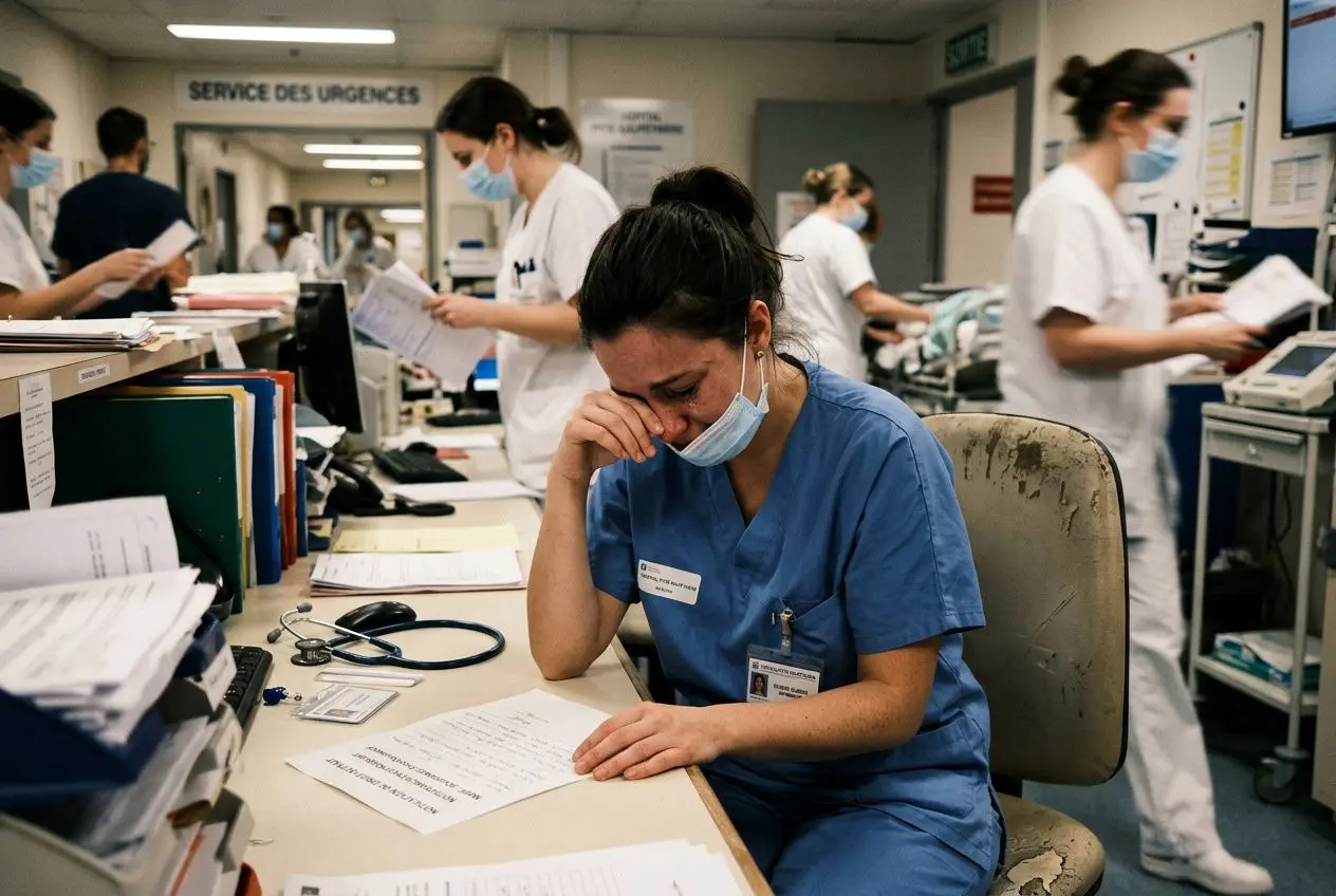 Employée médicale en blouse bleue, visiblement épuisée, assise à un bureau d’urgence et se tenant le front; ambiance d’hôpital avec du personnel en arrière-plan. Droit de retrait psychologique.