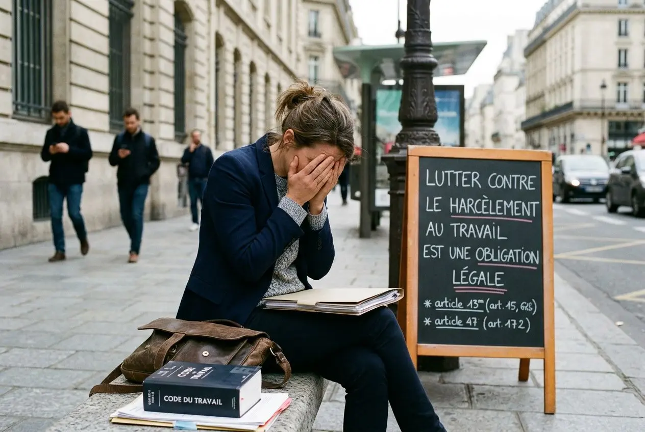 Une femme désemparée assise sur un banc, la tête dans les mains, entourée de dossiers et d’un code du travail sous le bras, près d’un panneau indiquant « Lutter contre le harcèlement au travail est une obligation légale ».