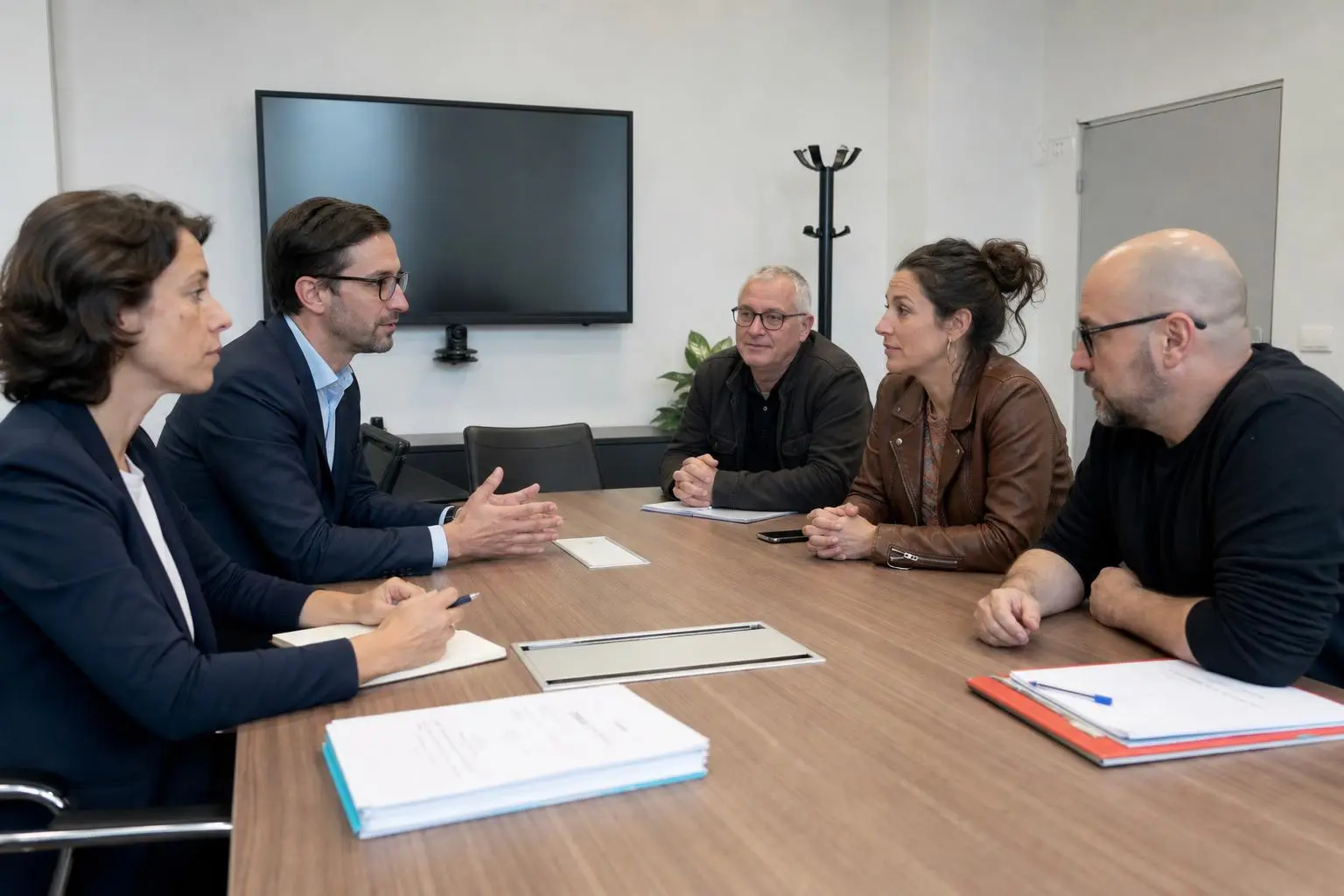 Groupe de professionnels en réunion autour d’une table, échange animé sur les démarches du CSE.