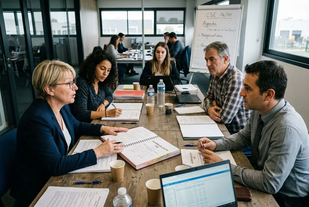 Groupe de salariés en réunion de travail autour d’une table, échange et prise de notes sur des documents; fil conducteur: lien entre le comité et les équipes de proximité. Représentant de proximité du cse.