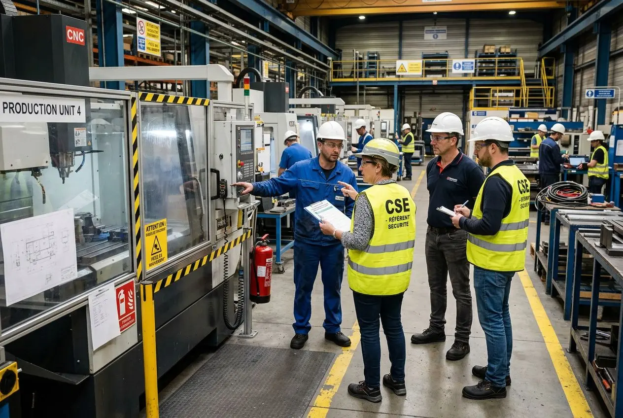 Groupe de salariés en usine, inspecteur et membres CSE en gilets jaunes, discussion près d’une machine industriell moderée pour la commission santé sécurité et conditions de travail cse.