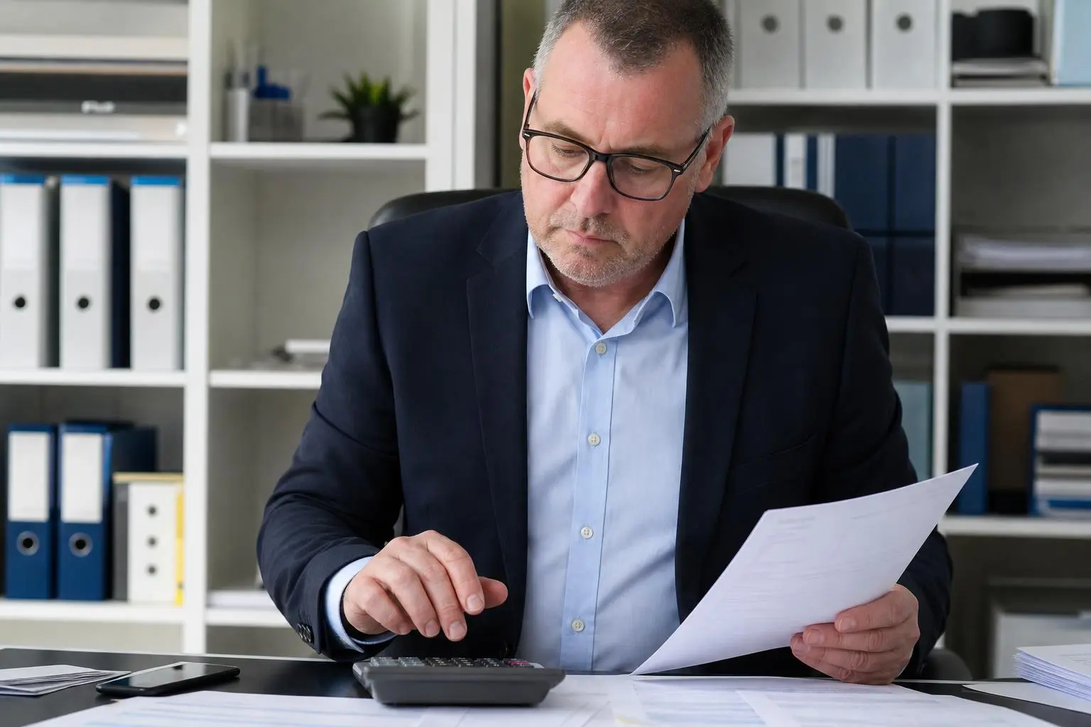 Homme d’affaires en costume litigeux, examinant un document avec une calculatrice sur le bureau, ambiance bureau. Inclut délicatement le thème trésorier cse détournement de fonds.