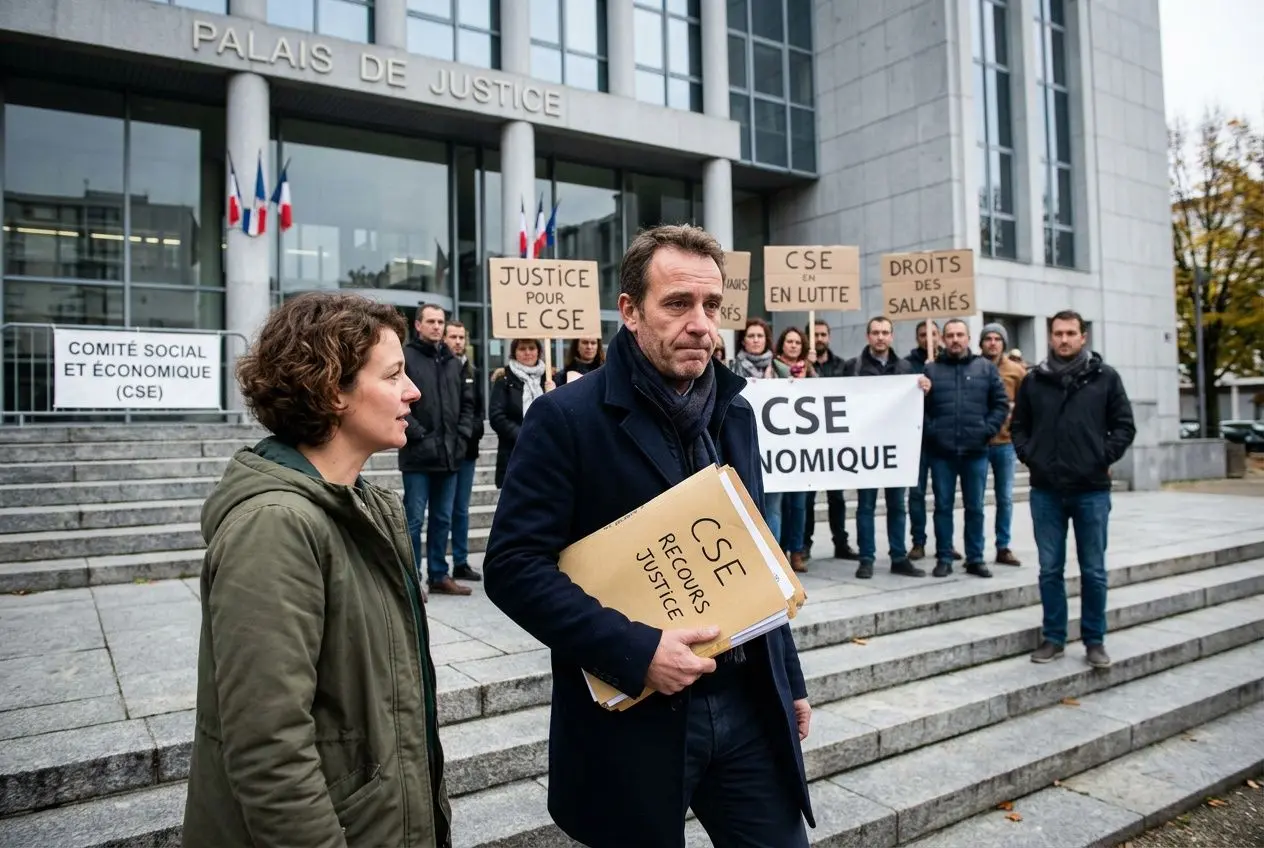 Manifestants devant le palais de justice avec pancartes « CSE en lutte » et « droits des salariés », représentant une action du CSE face à une direction hostile.