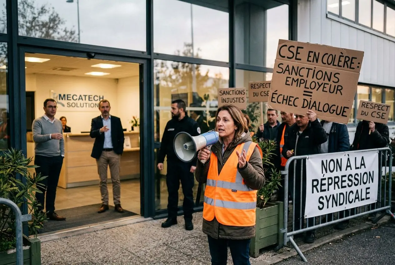 Manifestation devant un bâtiment, femme en gilet naranja fluo avec mégaphone, pancartes: “CSE en colère”, “Non à la répression syndicale”.