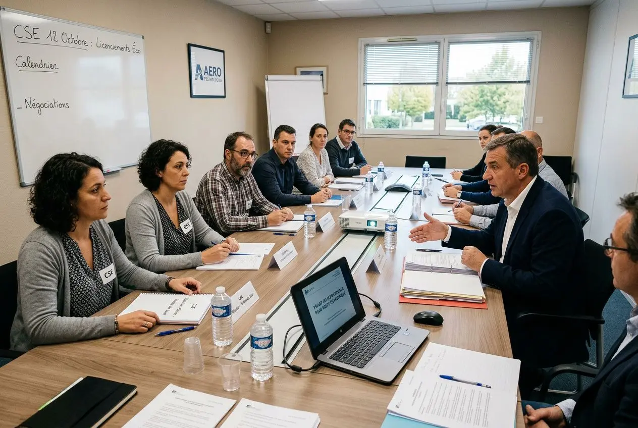 Réunion du CSE autour d’une table de conférence, avec des élus et un homme en costume présentant des documents et un ordinateur portable. Licenciement économique élu CSE évoqué par le cadre.