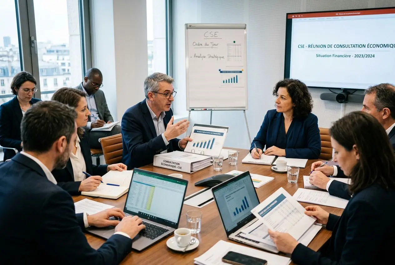 Réunion du CSE en salle de conférence : élus autour d’une grande table avec ordinateurs, documents et graphique affiché sur écran. Les 3 missions du CSE au centre des échanges.