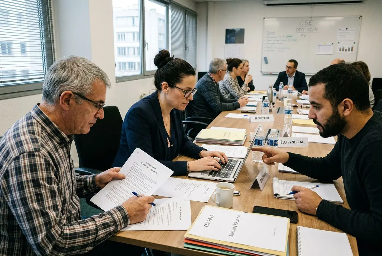Réunion du CSE avec le secrétaire CSE en première ligne, prise de notes et échanges autour des documents et procès-verbaux.
