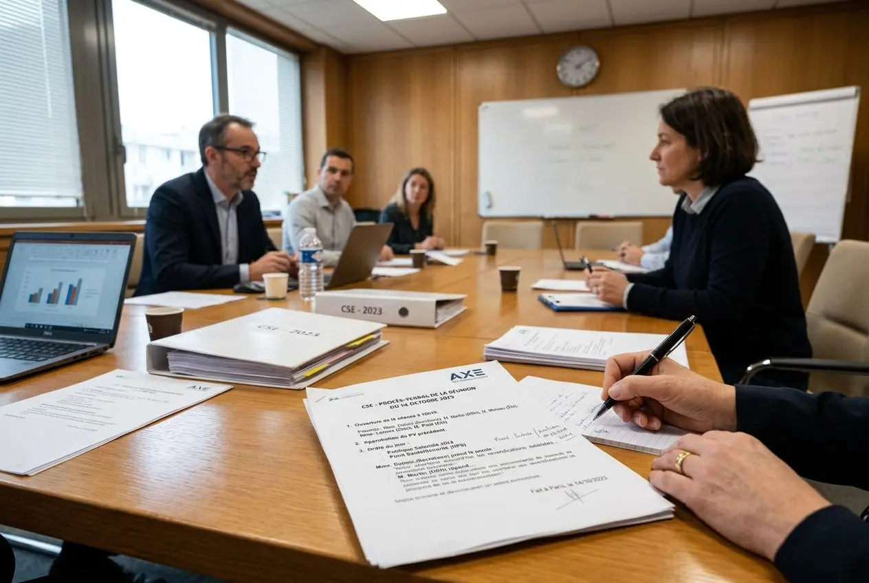 Réunion d’employeurs et représentants du CSE autour de documents relatifs à l’inaptitude et au processus de reclassement, avec prise de notes. consultation cse inaptitude code du travail est au centre des échanges.
