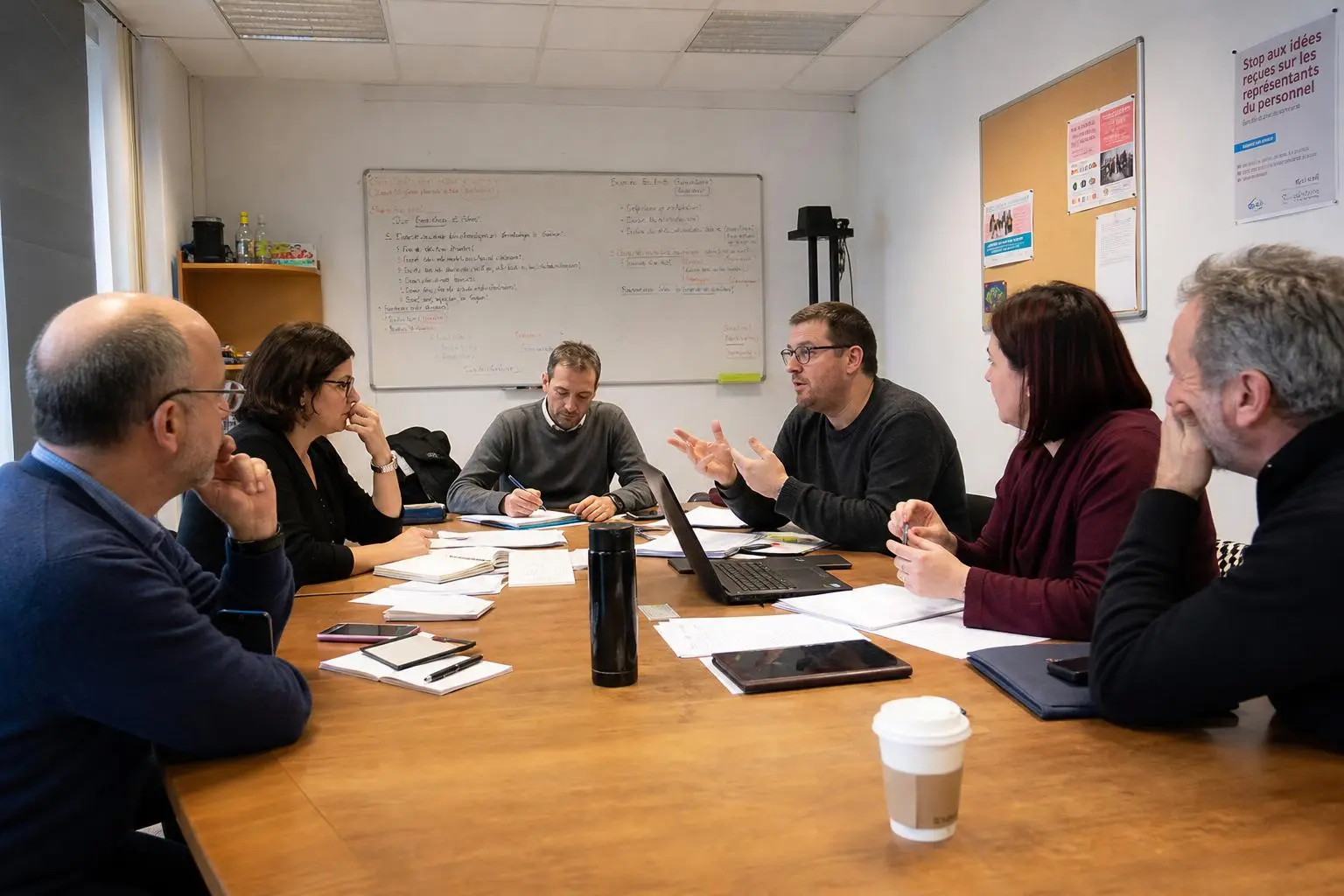 Réunion sur le droit d'alerte CSE : discussion entre six personnes autour d'une table avec documents et ordinateur, en milieu de travail. droit d'alerte cse atteinte aux droits des personnes intégré.