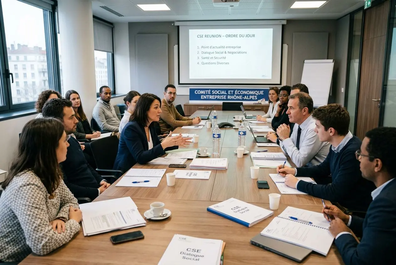 Réunion en entreprise autour d’une grande table, échanges entre cadres et partenaires sociaux, présentation sur écran et documents du CSE sur la table. Intègre le rôle du CSE dans le dialogue social.