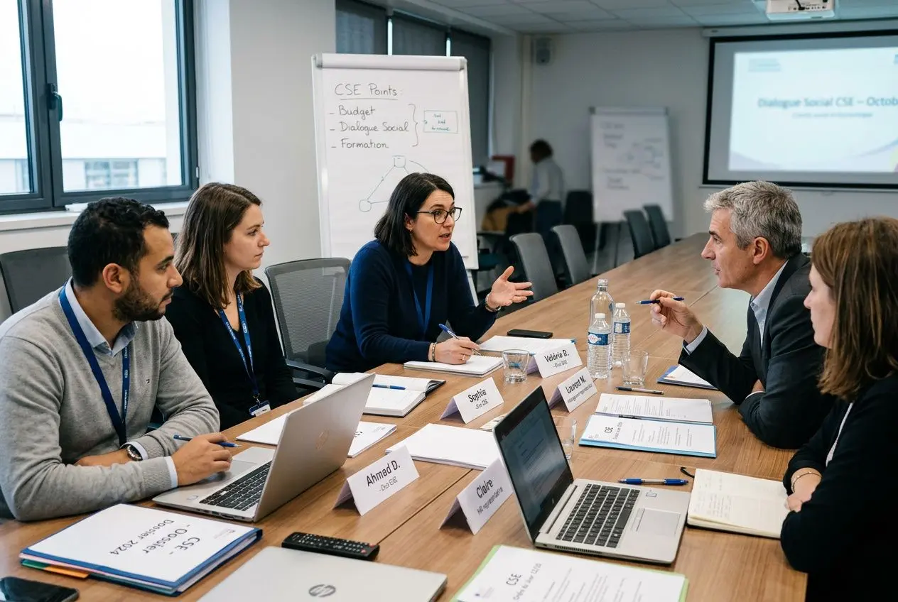 Réunion en entreprise sur le rôle du CSE dans le dialogue social, avec échanges entre collaborateurs autour d’un tableau et ordinateurs portables.