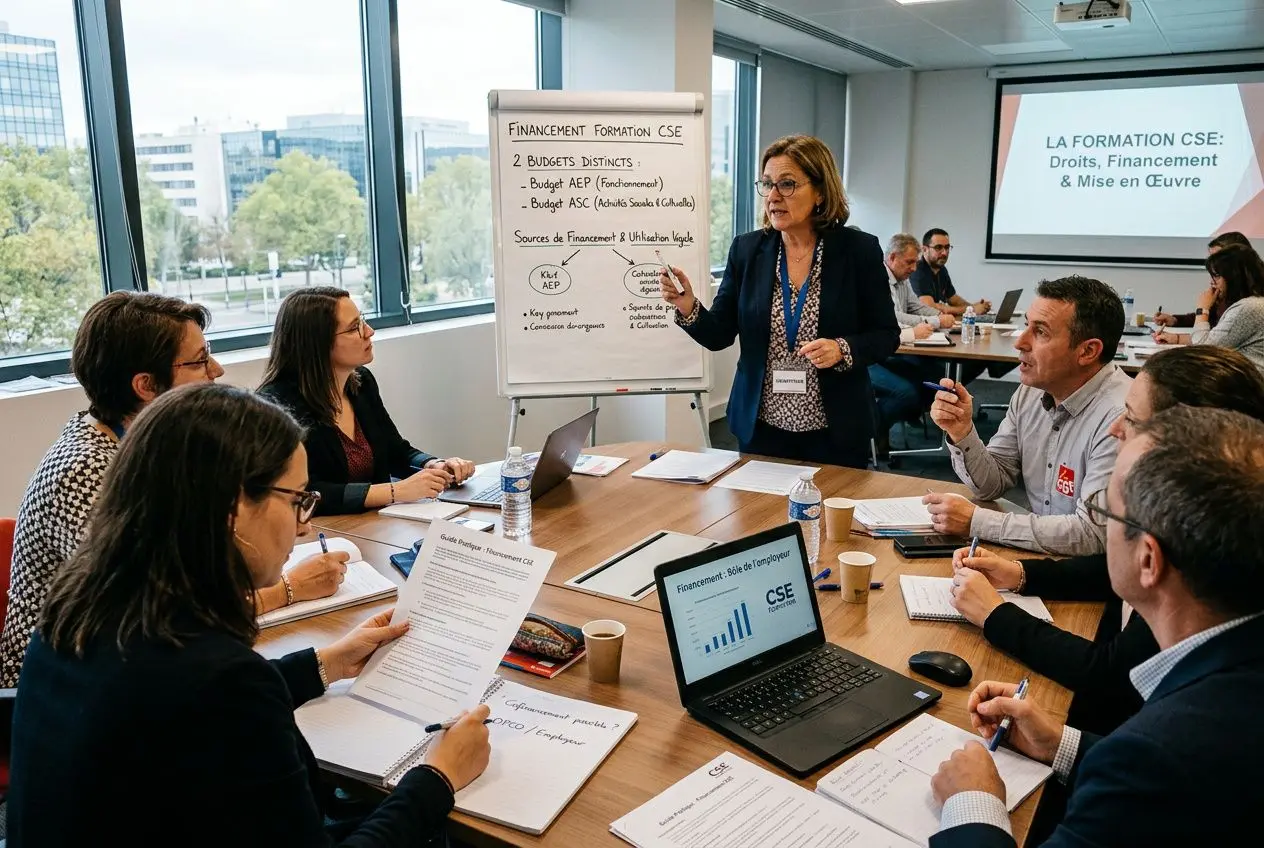 Réunion en formation CSE: une animatrice explique devant un tableau sur le financement CSE, entourée d’élus. formation cse obligatoire titulaire et suppléant intégré naturellement.