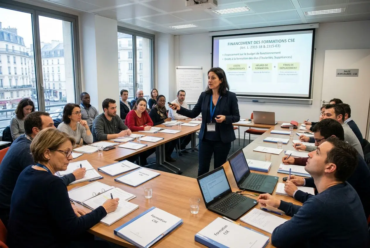 Salle de formation interactive sur le financement des formations CSE, avec une intervenante devant un écran, participants autour d’une grande table, laptops et documents. Formation économique CSE : qui paye et comment c’est financé. (intègre le mot-clé formation économique cse qui paye)