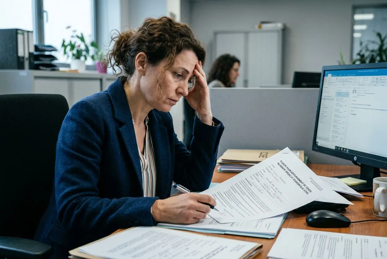 Trésorier cse confronté à des documents et stress, en plein travail sur le détournement de fonds et les recours possibles.