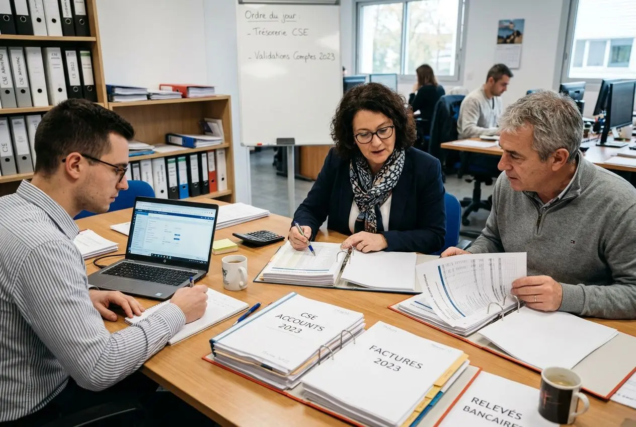Trois collègues autour d’une table, examinant des documents financiers et des factures, affichant le mot “Comptes” sur des dossiers. Texte: gestion et contrôles financiers du CSE.