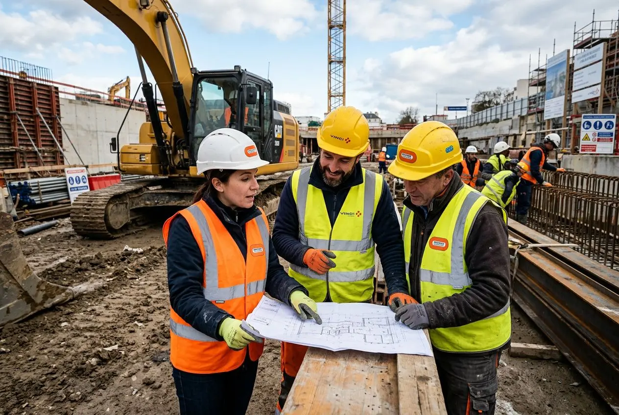 Trois ouvriers sur un chantier présentent des plans de construction, l’un porte un casque blanc et veste orange, les deux autres casques jaunes et gilets de sécurité, échange autour des plans. représente proche du cse.
