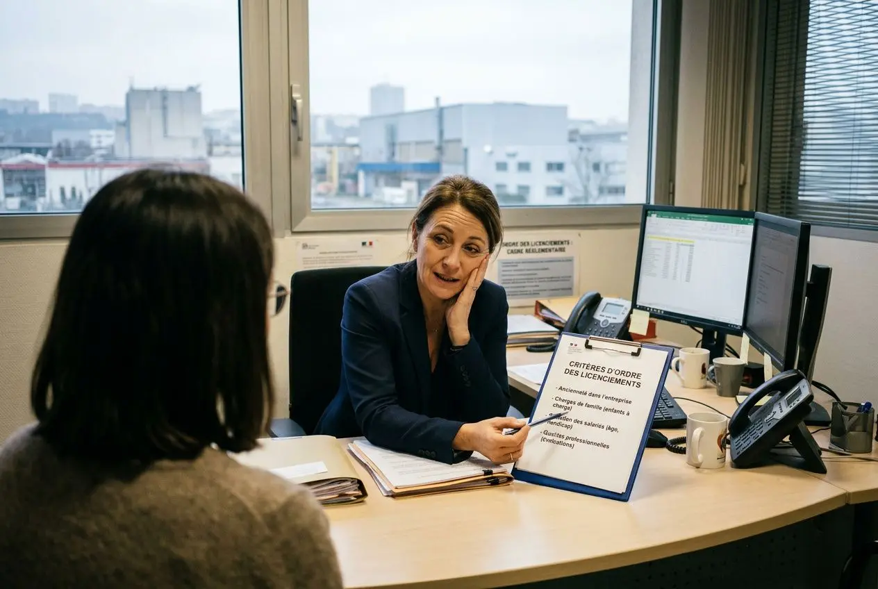Conseil d’expert en RH expliquant les critères d’ordre lors d’un licenciement économique, femme en entretien devant une affiche “Critères d’ordre des licenciements”.