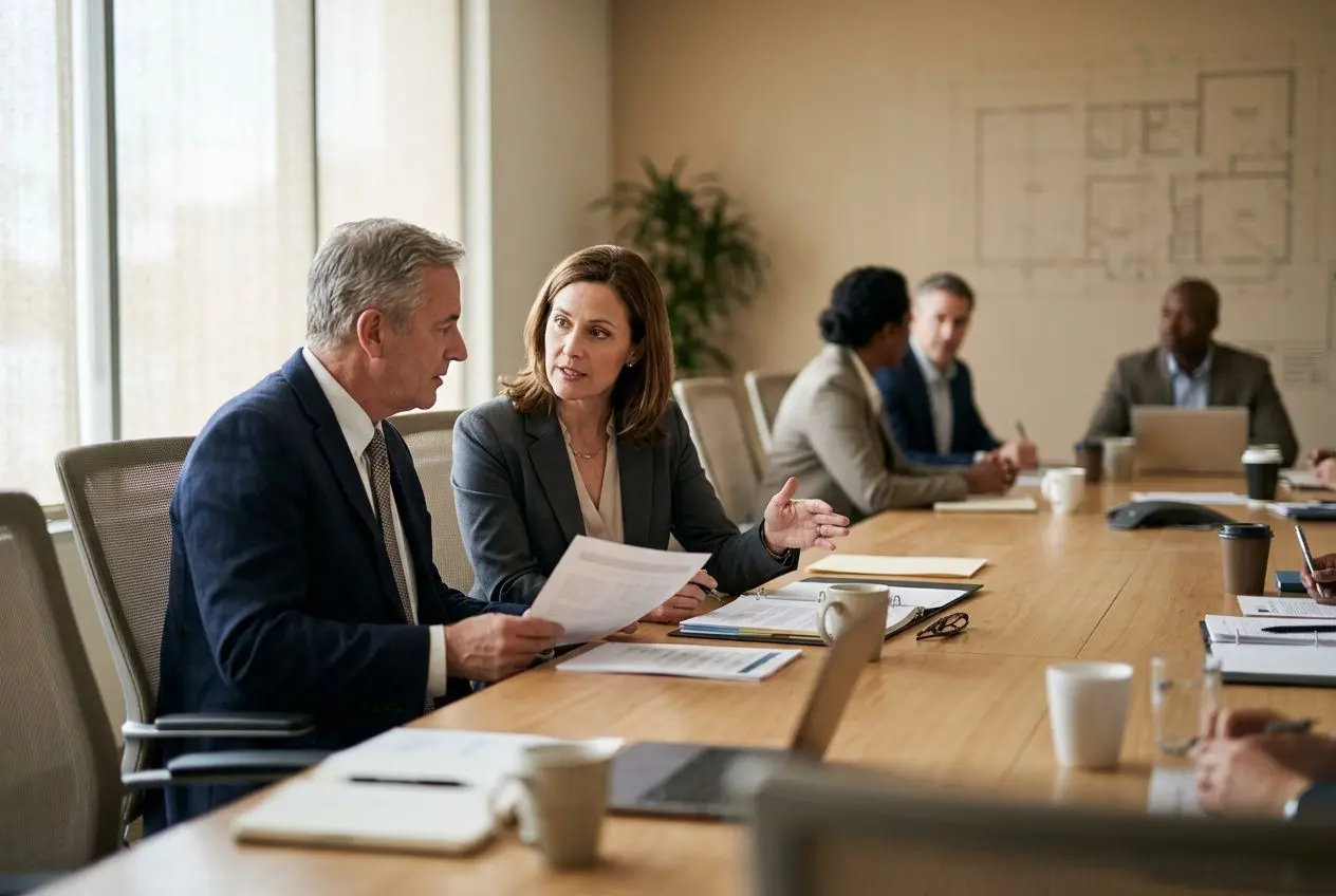 Deux professionnels discutent près d’un document lors d’une réunion en salle de conseil, entourés d’autres collègues autour d’une grande table, avec ordinateurs et tasses. Différence délégué syndical et représentant syndical au CSE.