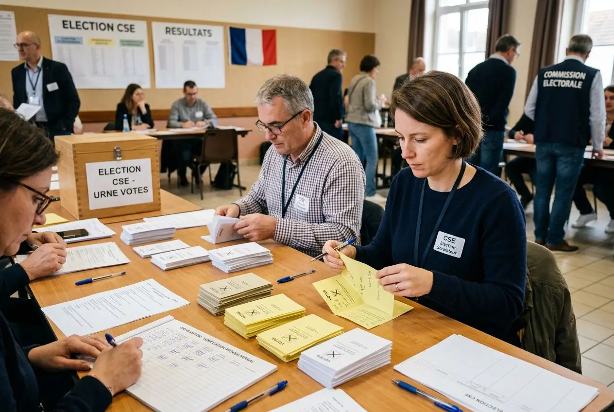 Équipe électorale en salle, tri et comptage des bulletins pour l’élection du CSE, affiches “ELECTION CSE” et urne sur une table. Include voting documents.