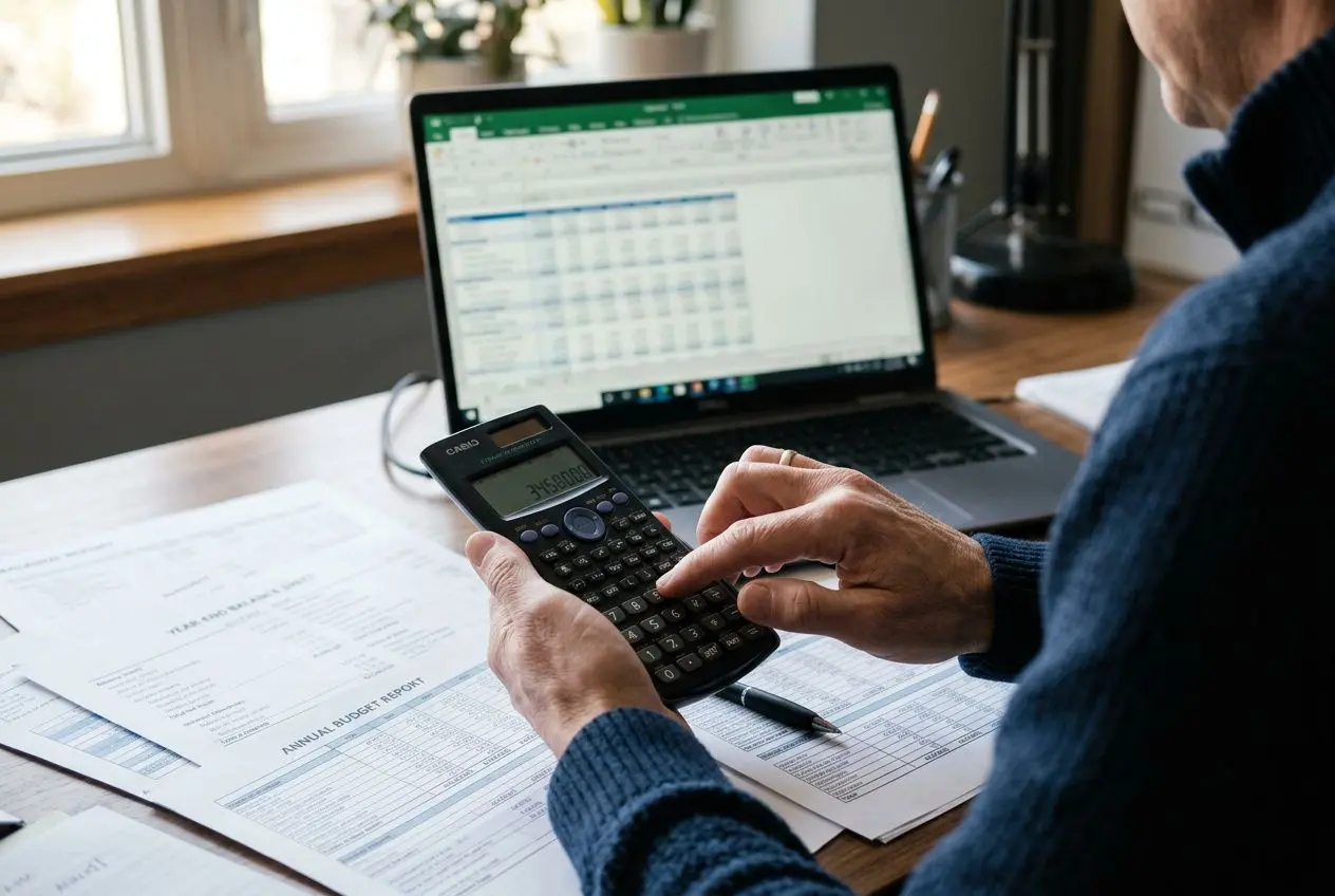 Homme utilisant une calculatrice devant un ordinateur portable et des documents financiers sur le bureau, gestion des chiffres. Formation trésorier cse indispensable