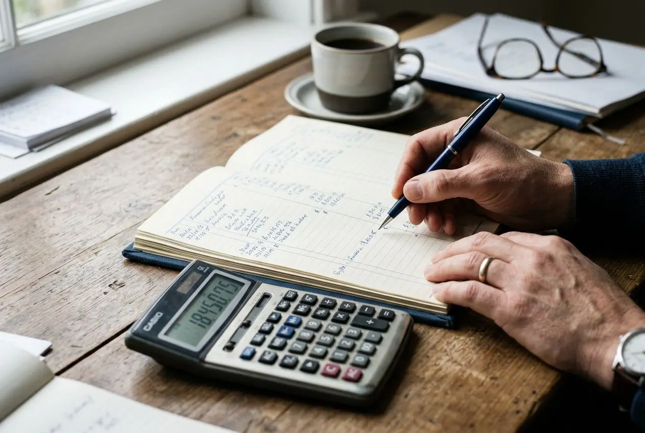 Personne écrivant dans un carnet avec calculatrice, lunettes et tasse de café sur un bureau en bois. formation trésorier cse indispensable intégré naturellement.