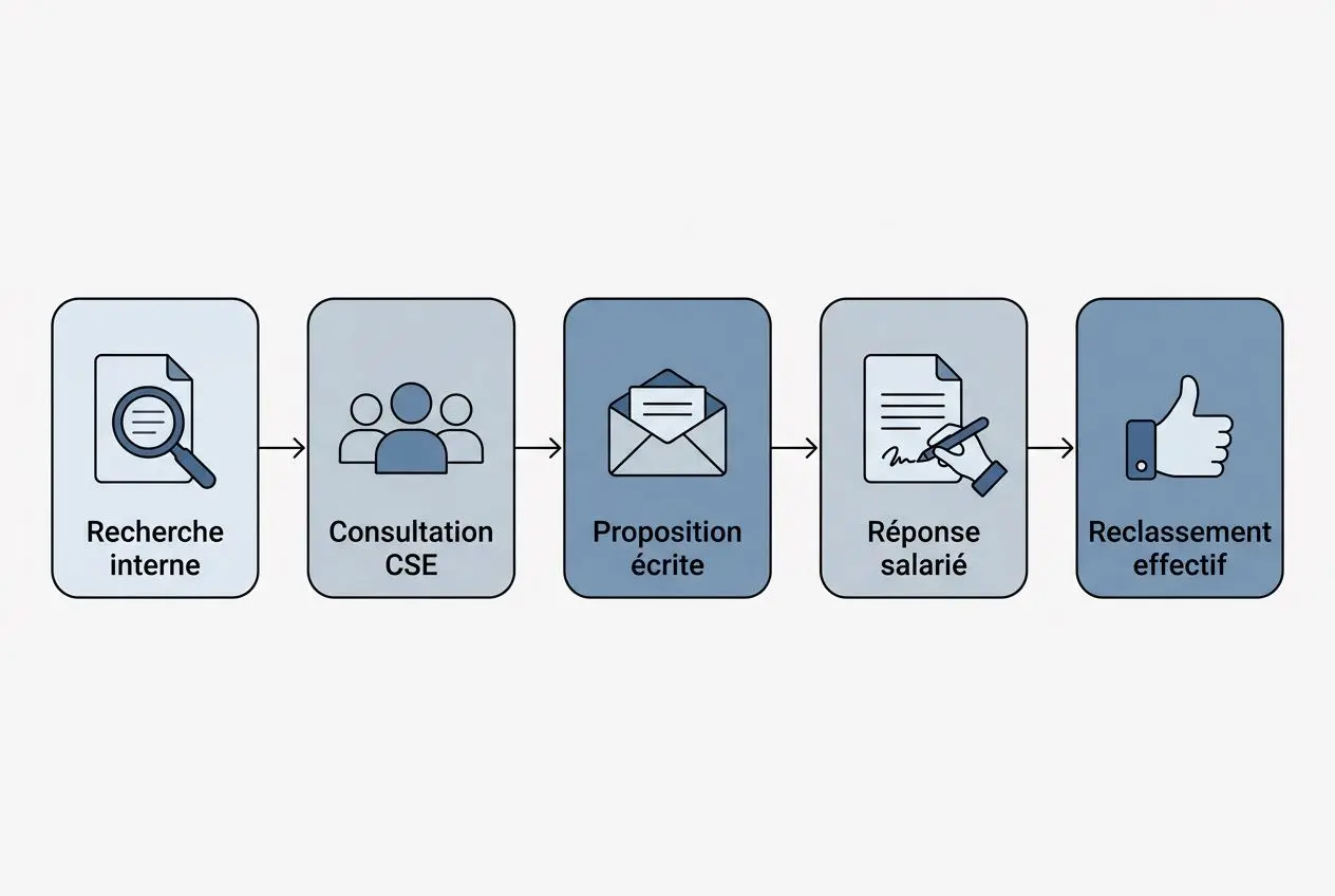 Processus de licenciement économique d’un salarié protégé: recherche interne, consultation CSE, proposition écrite, réponse salariée puis reclassement effectif.