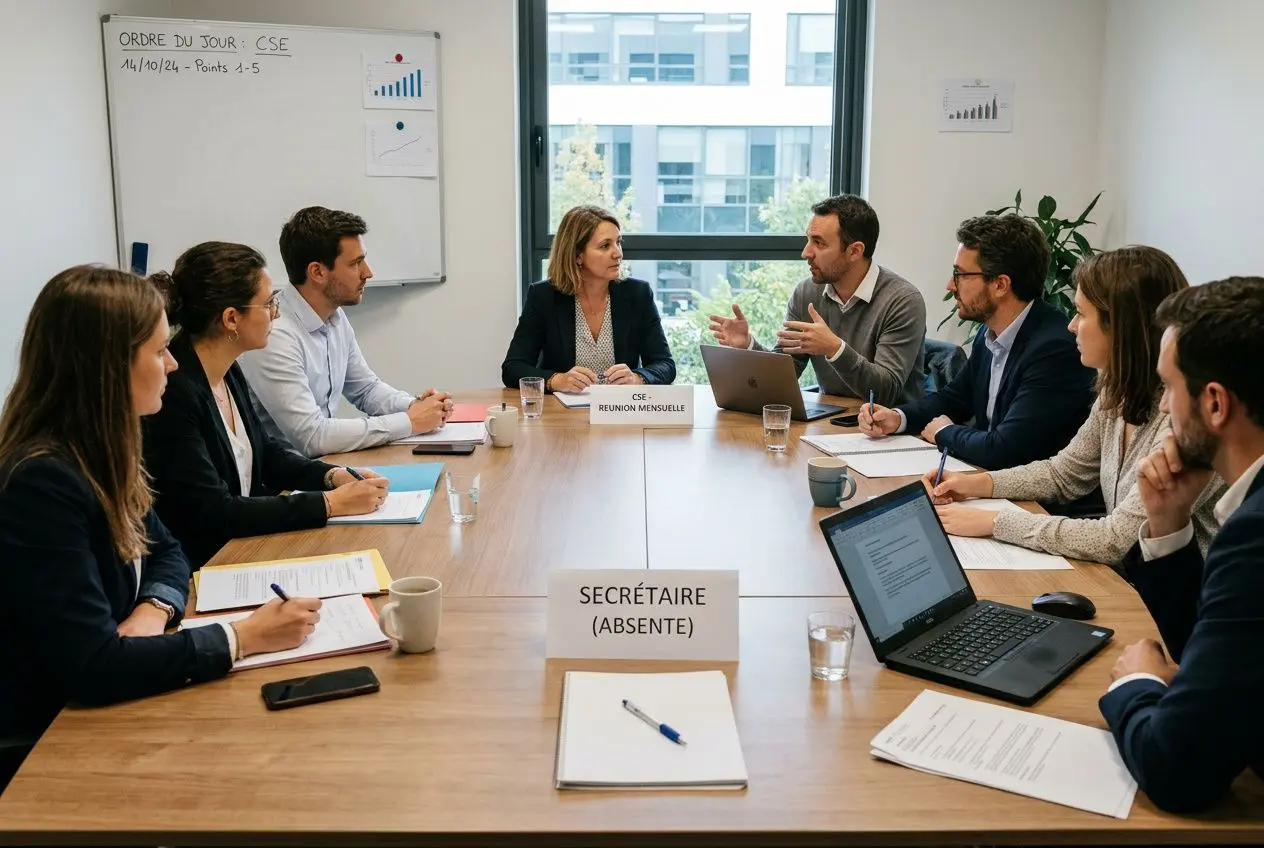 Réunion de travail autour d’une table, avec un panneau “SECRÉTAIRE (ABSENTE)” et un autre panneau “ORDRE DU JOUR CSE”; participants en discussion, laptops et documents. Absence du secrétaire du CSE évoquée.