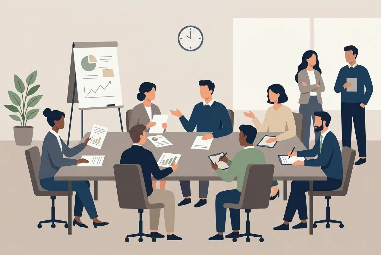 Réunion de travail autour d’une table avec plusieurs personnes discutant et consultant des documents, présentation sur chevalet et horloge au mur. Le tout illustre le concept du CSE pour les nuls.