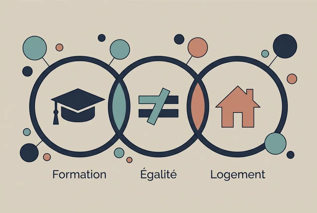 Schéma illustrant les trois domaines: Formation, Égalité et Logement, avec le symbole égalité au centre. Rôle des commissions du CSE intégré de manière fluide.