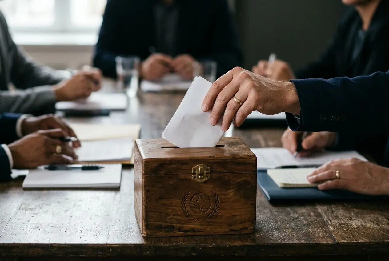Vote en cours pour la désignation du secrétaire CSE, scène de scrutin avec urne en bois et personnes autour de la table. Désignation secrétaire CSE code du travail évoquée.