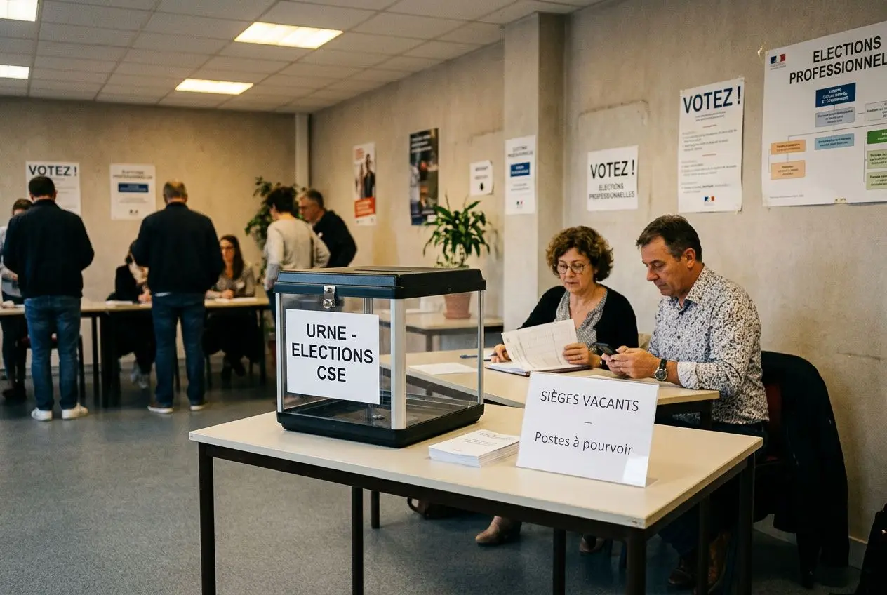 Voter au CSE : bureau de vote et urne pour les élections du CSE, salle avec affiches « VOTEZ » et personnes en train de discuter. Incorporer le sujet « comment se presenter election cse ».